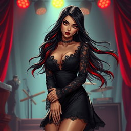A charismatic Latina vampire rockstar with mesmerizing brown eyes, long flowing dark hair that features dramatic red highlights, and a beautiful tan complexion