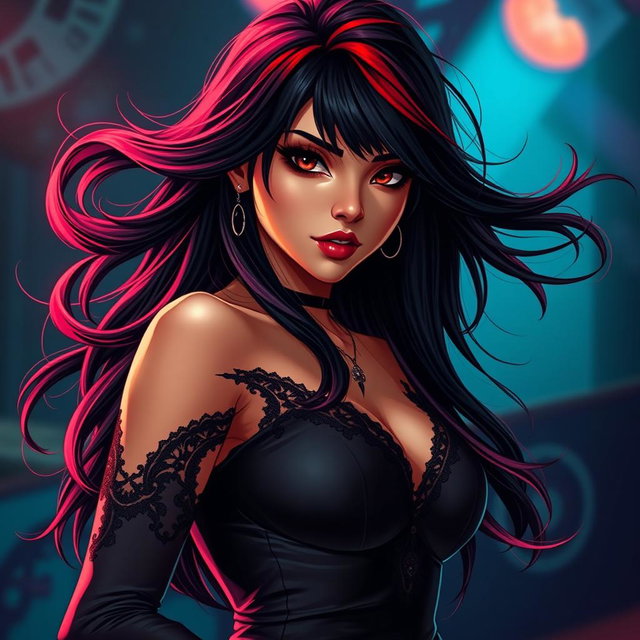 A charismatic Latina vampire rockstar with mesmerizing brown eyes, long flowing dark hair that features dramatic red highlights, and a beautiful tan complexion