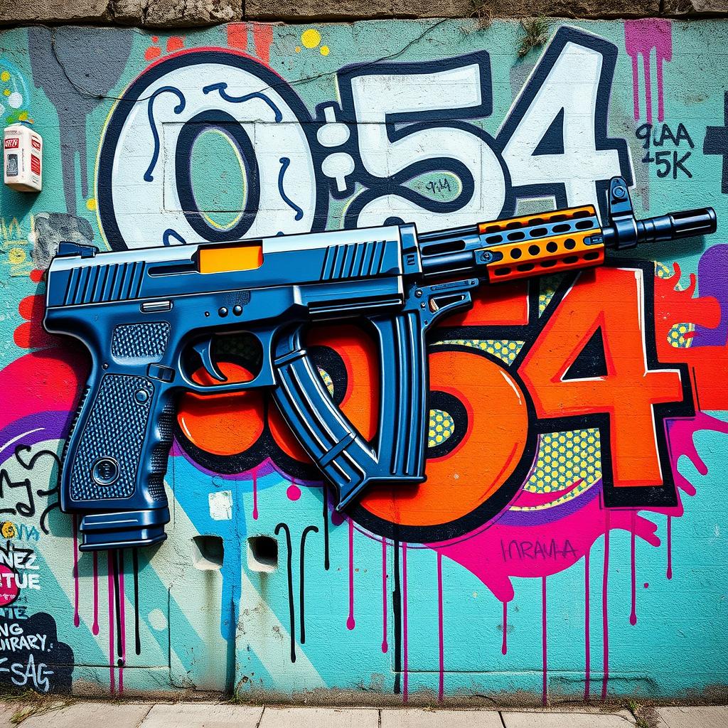 A vibrant graffiti artwork featuring a highly detailed depiction of a Glock pistol and a Kalashnikov rifle