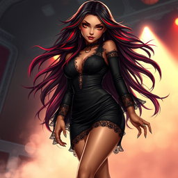 A charismatic Latina vampire rockstar with mesmerizing brown eyes, long flowing dark hair accentuated with striking red highlights, and a glowing tan complexion