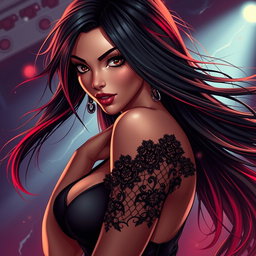 A charismatic Latina vampire rockstar with mesmerizing brown eyes, long flowing dark hair accentuated with striking red highlights, and a glowing tan complexion