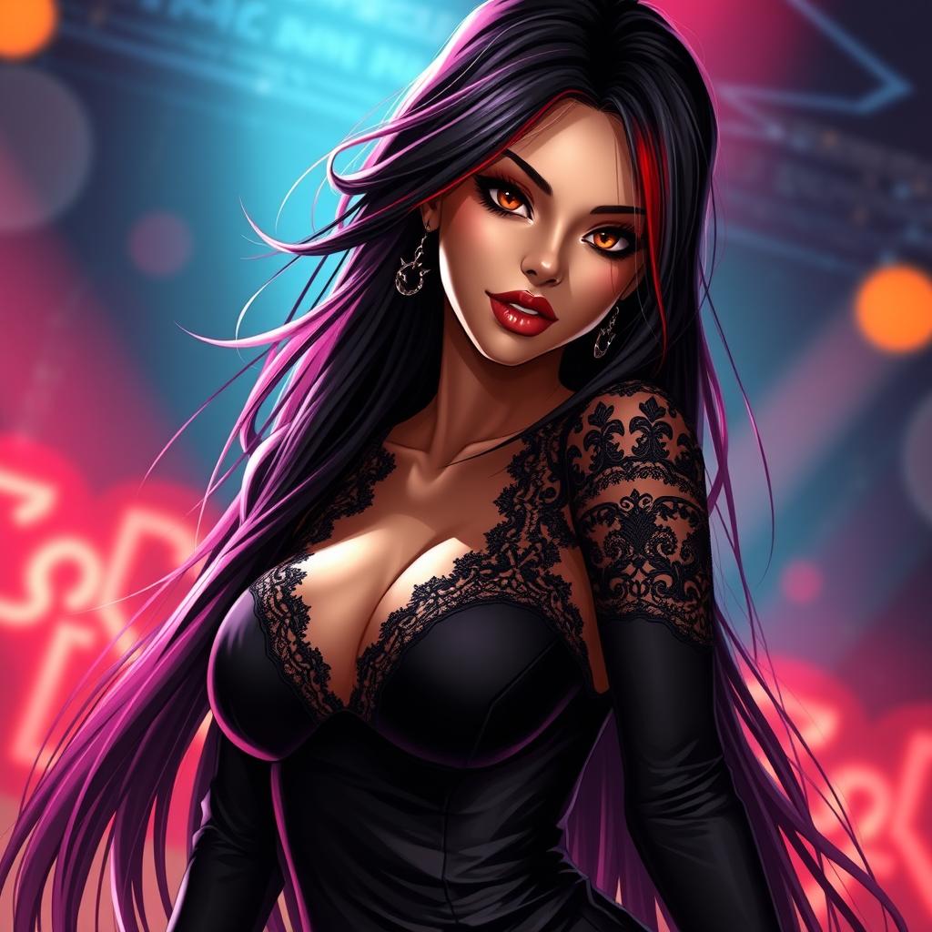 A charismatic Latina vampire rockstar with mesmerizing brown eyes, long flowing dark hair accentuated with striking red highlights, and a glowing tan complexion