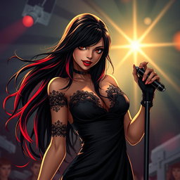 A charismatic Latina vampire rockstar with mesmerizing brown eyes, long flowing dark hair accentuated with striking red highlights, and a glowing tan complexion