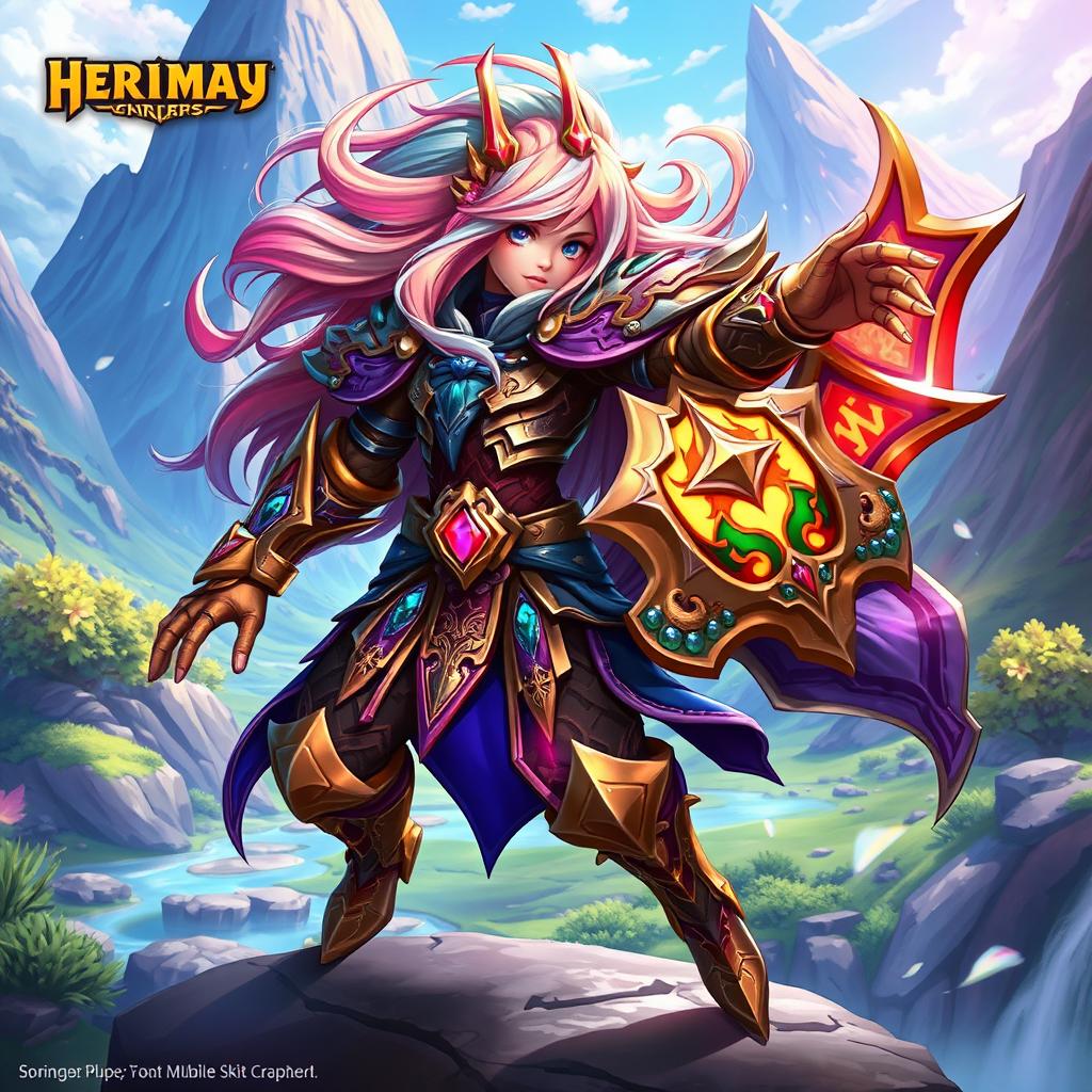 A vibrant and dynamic character skin from a mobile game, featuring a fantastical warrior adorned in ornate, shimmering armor