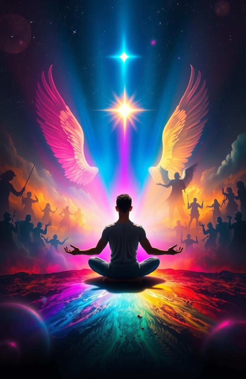 A vivid and dramatic representation of a spiritual battle taking place in the mind