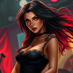 A charismatic Latina vampire rockstar exuding confidence, with mesmerizing brown eyes and long flowing dark hair featuring vibrant red highlights, complemented by her radiant tan complexion