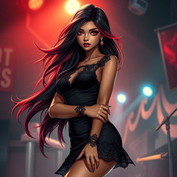 A charismatic Latina vampire rockstar exuding confidence, with mesmerizing brown eyes and long flowing dark hair featuring vibrant red highlights, complemented by her radiant tan complexion