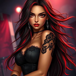 A charismatic Latina vampire rockstar exuding confidence, with mesmerizing brown eyes and long flowing dark hair featuring vibrant red highlights, complemented by her radiant tan complexion