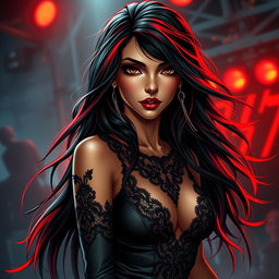 A charismatic Latina vampire rockstar exuding confidence, with mesmerizing brown eyes and long flowing dark hair featuring vibrant red highlights, complemented by her radiant tan complexion