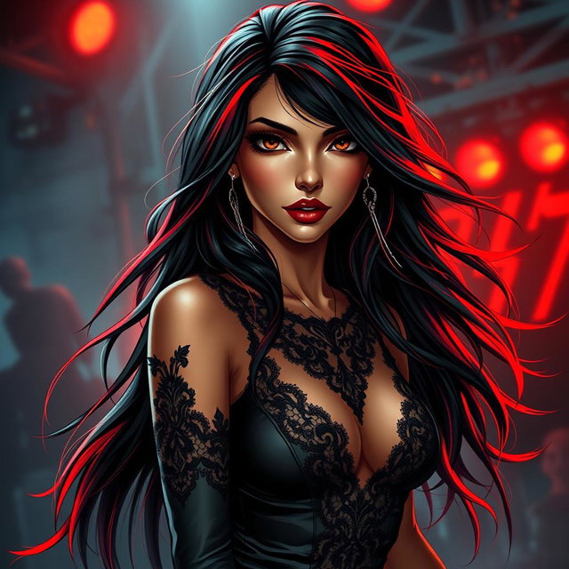 A charismatic Latina vampire rockstar exuding confidence, with mesmerizing brown eyes and long flowing dark hair featuring vibrant red highlights, complemented by her radiant tan complexion