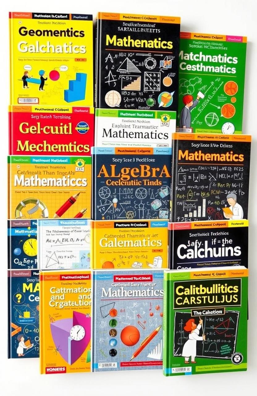 A collection of vivid and engaging mathematics textbook covers, showcasing various themes such as geometry, algebra, and calculus