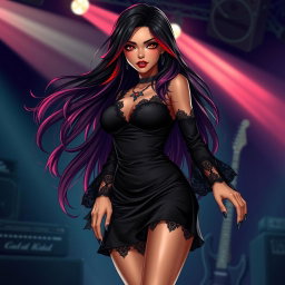A charismatic Latina vampire rockstar with mesmerizing brown eyes, long flowing dark hair with red highlights, and a tan complexion