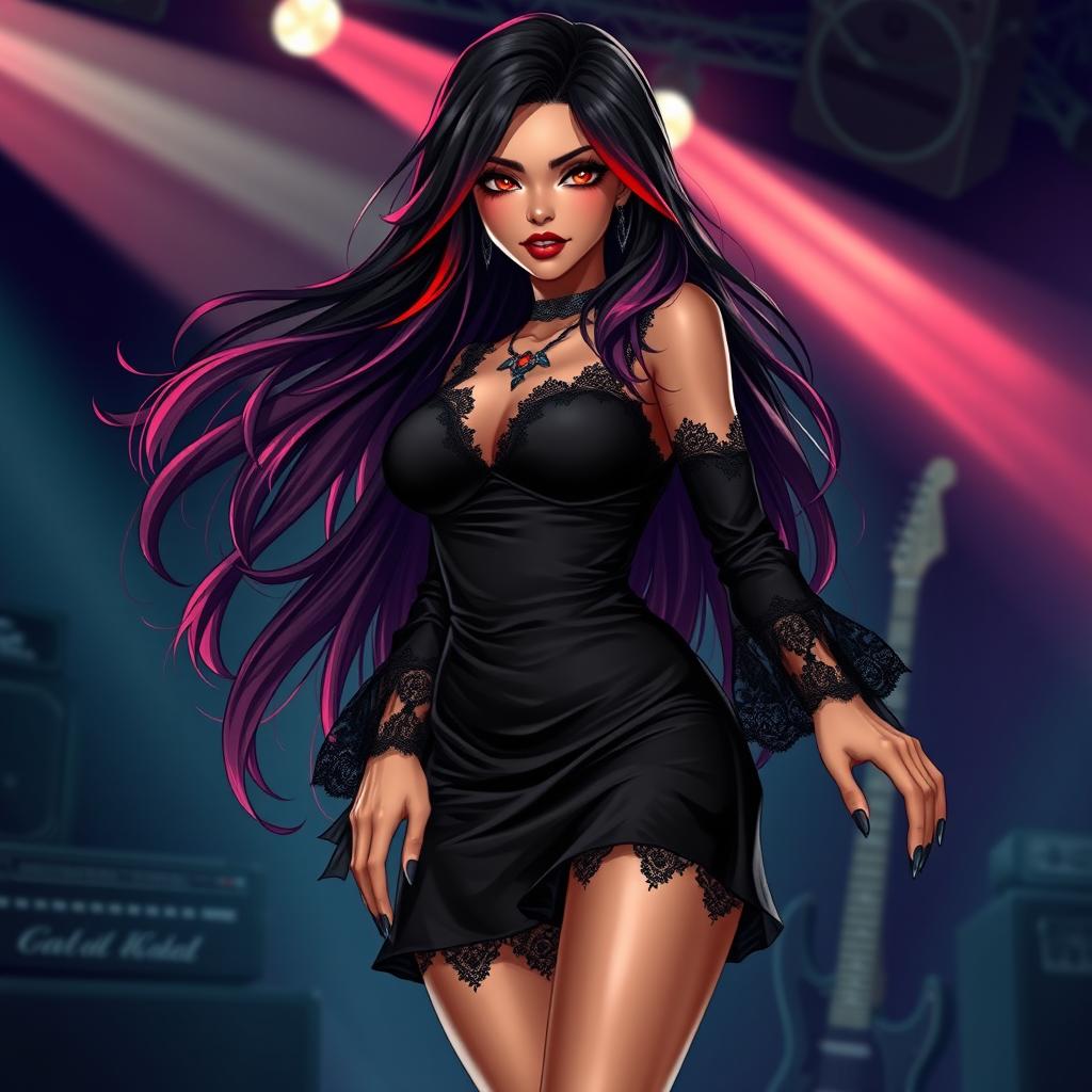 A charismatic Latina vampire rockstar with mesmerizing brown eyes, long flowing dark hair with red highlights, and a tan complexion