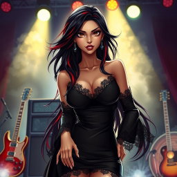 A charismatic Latina vampire rockstar with mesmerizing brown eyes, long flowing dark hair with red highlights, and a tan complexion