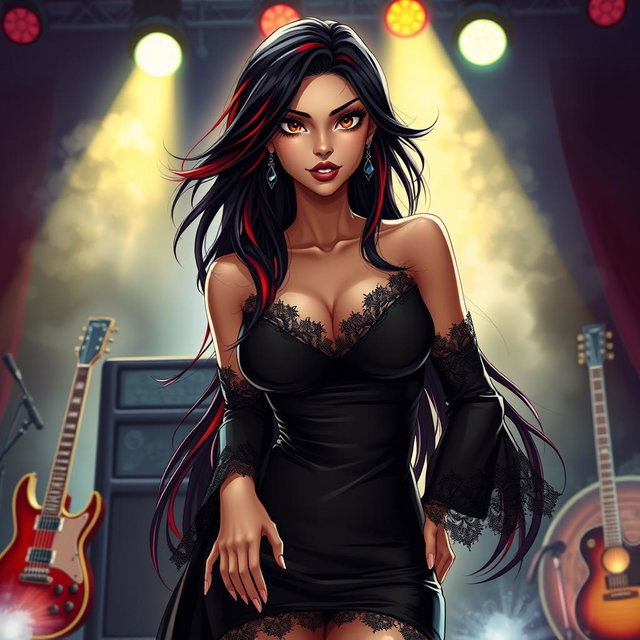 A charismatic Latina vampire rockstar with mesmerizing brown eyes, long flowing dark hair with red highlights, and a tan complexion