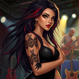 A charismatic Latina vampire rockstar with mesmerizing brown eyes, long flowing dark hair with red highlights, and a tan complexion