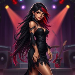 A charismatic Latina vampire rockstar with mesmerizing brown eyes, long flowing dark hair with red highlights, and a tan complexion