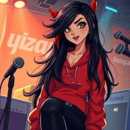 A charismatic Latina vampire rockstar with mesmerizing brown eyes, long flowing dark hair with red highlights, and a tan complexion