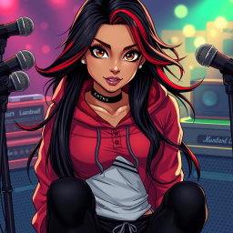 A charismatic Latina vampire rockstar with mesmerizing brown eyes, long flowing dark hair with red highlights, and a tan complexion