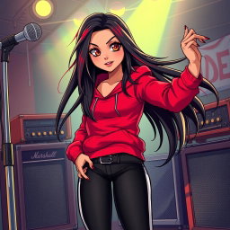 A charismatic Latina vampire rockstar with mesmerizing brown eyes, long flowing dark hair with red highlights, and a tan complexion