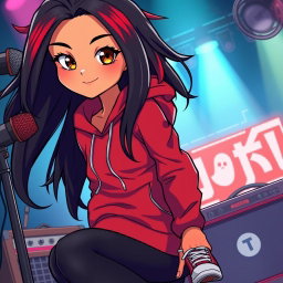 A charismatic Latina vampire rockstar with mesmerizing brown eyes, long flowing dark hair with red highlights, and a tan complexion