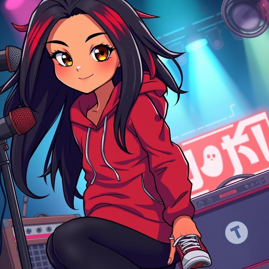 A charismatic Latina vampire rockstar with mesmerizing brown eyes, long flowing dark hair with red highlights, and a tan complexion
