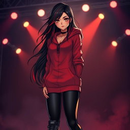 A charismatic Latina vampire rockstar with mesmerizing brown eyes, long flowing dark hair featuring striking red highlights, and a radiant tan complexion