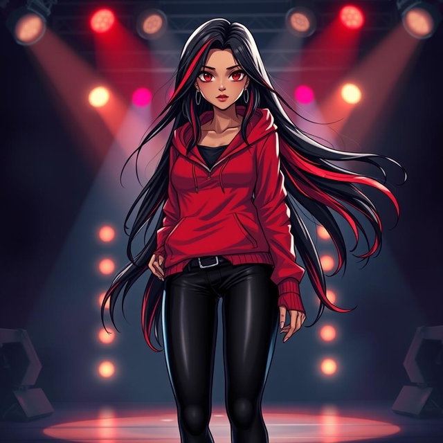 A charismatic Latina vampire rockstar with mesmerizing brown eyes, long flowing dark hair featuring striking red highlights, and a radiant tan complexion