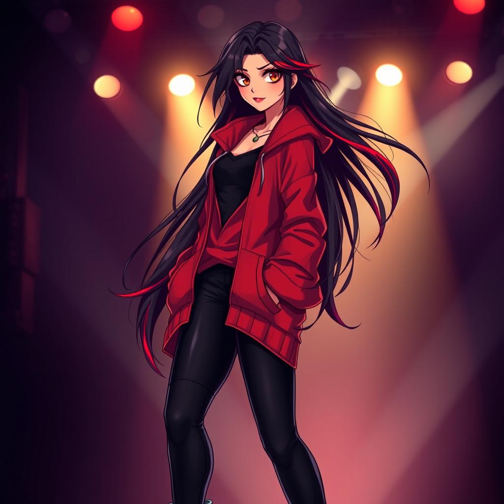 A charismatic Latina vampire rockstar with mesmerizing brown eyes, long flowing dark hair featuring striking red highlights, and a radiant tan complexion