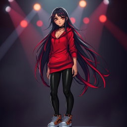 A charismatic Latina vampire rockstar with mesmerizing brown eyes, long flowing dark hair featuring striking red highlights, and a radiant tan complexion