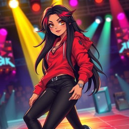 A charismatic Latina vampire rockstar with mesmerizing brown eyes, long flowing dark hair featuring stunning red highlights, and a glowing tan complexion