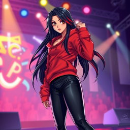 A charismatic Latina vampire rockstar with mesmerizing brown eyes, long flowing dark hair featuring stunning red highlights, and a glowing tan complexion