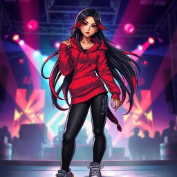 A charismatic Latina vampire rockstar with mesmerizing brown eyes, long flowing dark hair featuring stunning red highlights, and a glowing tan complexion