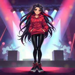 A charismatic Latina vampire rockstar with mesmerizing brown eyes, long flowing dark hair featuring stunning red highlights, and a glowing tan complexion