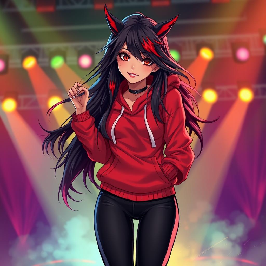 A charismatic Latina vampire rockstar with mesmerizing brown eyes, long flowing dark hair adorned with striking red highlights, and a sun-kissed tan complexion