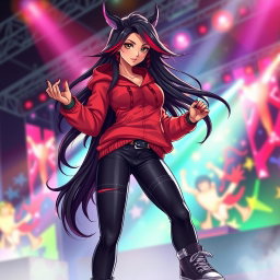 A charismatic Latina vampire rockstar with mesmerizing brown eyes, long flowing dark hair adorned with striking red highlights, and a sun-kissed tan complexion
