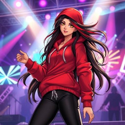 A charismatic Latina vampire rockstar with mesmerizing brown eyes, long flowing dark hair adorned with striking red highlights, and a sun-kissed tan complexion