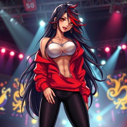 A charismatic Latina vampire rockstar with mesmerizing brown eyes, long flowing dark hair adorned with striking red highlights, and a sun-kissed tan complexion