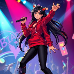 A charismatic Latina vampire rockstar with captivating brown eyes, long flowing dark hair accented with fiery red highlights, and a warm tan complexion