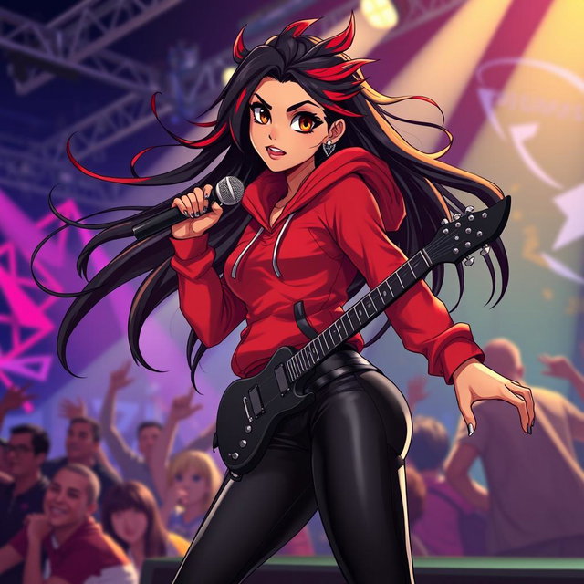 A charismatic Latina vampire rockstar with captivating brown eyes, long flowing dark hair accented with fiery red highlights, and a warm tan complexion