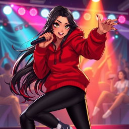 A charismatic Latina vampire rockstar with captivating brown eyes, long flowing dark hair accented with fiery red highlights, and a warm tan complexion