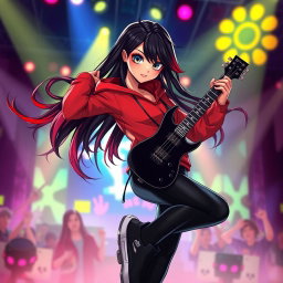 A charismatic Latina vampire rockstar with captivating brown eyes, long flowing dark hair accented with fiery red highlights, and a warm tan complexion