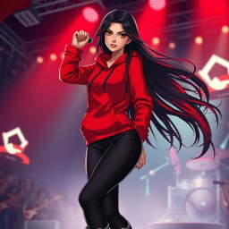 A charismatic Latina vampire rockstar with mesmerizing brown eyes, long flowing dark hair embellished with striking red highlights, and a warm tan complexion