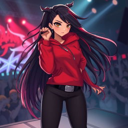 A charismatic Latina vampire rockstar with mesmerizing brown eyes, long flowing dark hair embellished with striking red highlights, and a warm tan complexion