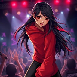 A charismatic Latina vampire rockstar with mesmerizing brown eyes, long flowing dark hair embellished with striking red highlights, and a warm tan complexion