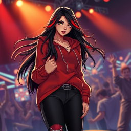 A charismatic Latina vampire rockstar with mesmerizing brown eyes, long flowing dark hair embellished with striking red highlights, and a warm tan complexion