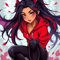 A charismatic Latina vampire with mesmerizing brown eyes, featuring long flowing dark hair embellished with vibrant red highlights, and a warm tan complexion
