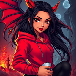 A charismatic Latina vampire with mesmerizing brown eyes, featuring long flowing dark hair embellished with vibrant red highlights, and a warm tan complexion