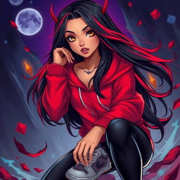 A charismatic Latina vampire with mesmerizing brown eyes, featuring long flowing dark hair embellished with vibrant red highlights, and a warm tan complexion