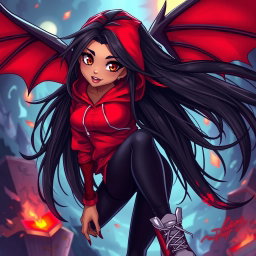A charismatic Latina vampire with mesmerizing brown eyes, featuring long flowing dark hair embellished with vibrant red highlights, and a warm tan complexion